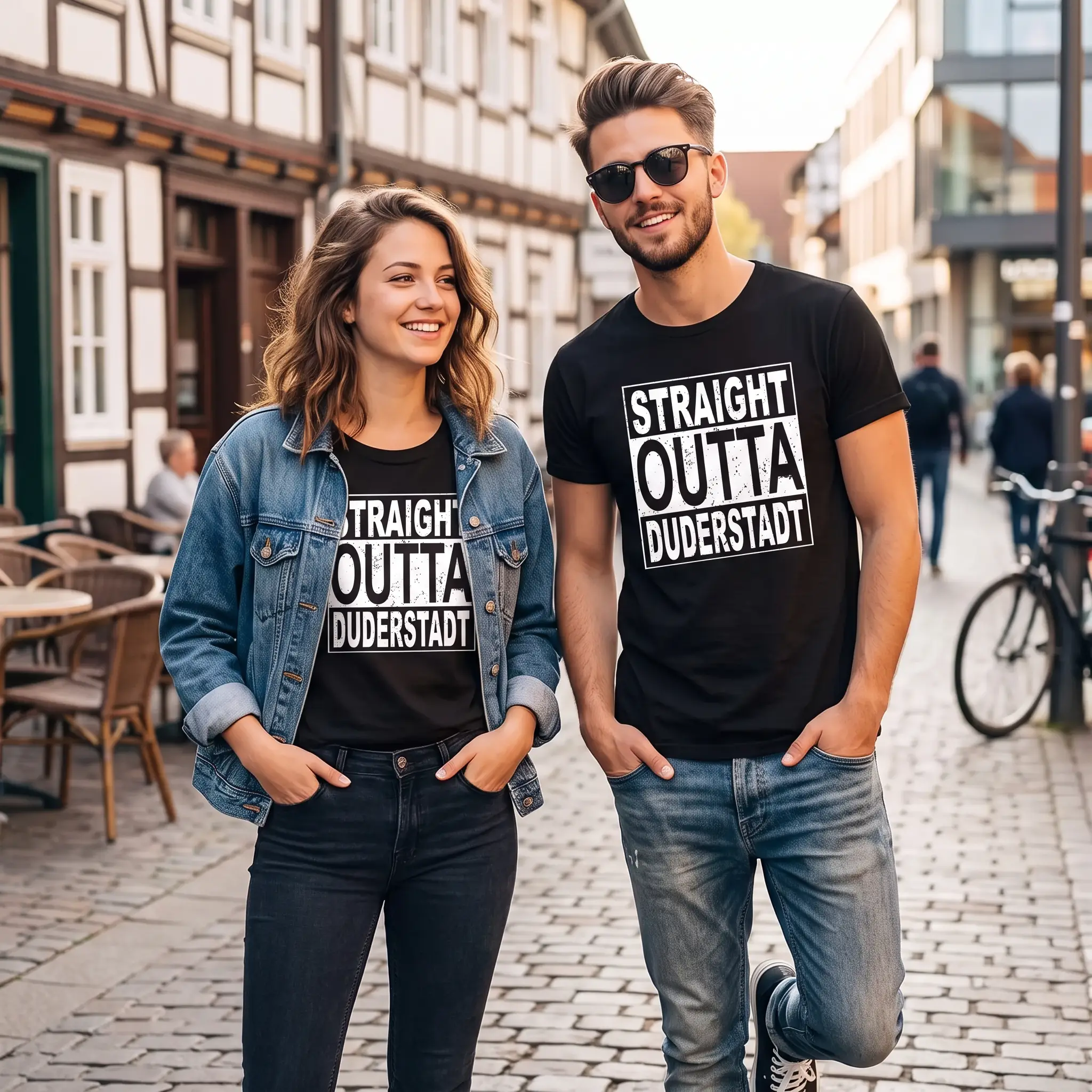 2 Personen mit Straight Outta T-Shirt