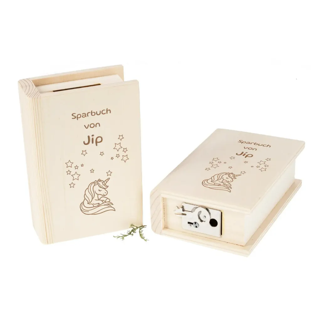 [42057-001] Holz-Sparbuch „Einhorn“ – Spardose mit Schloss (personalisiert)