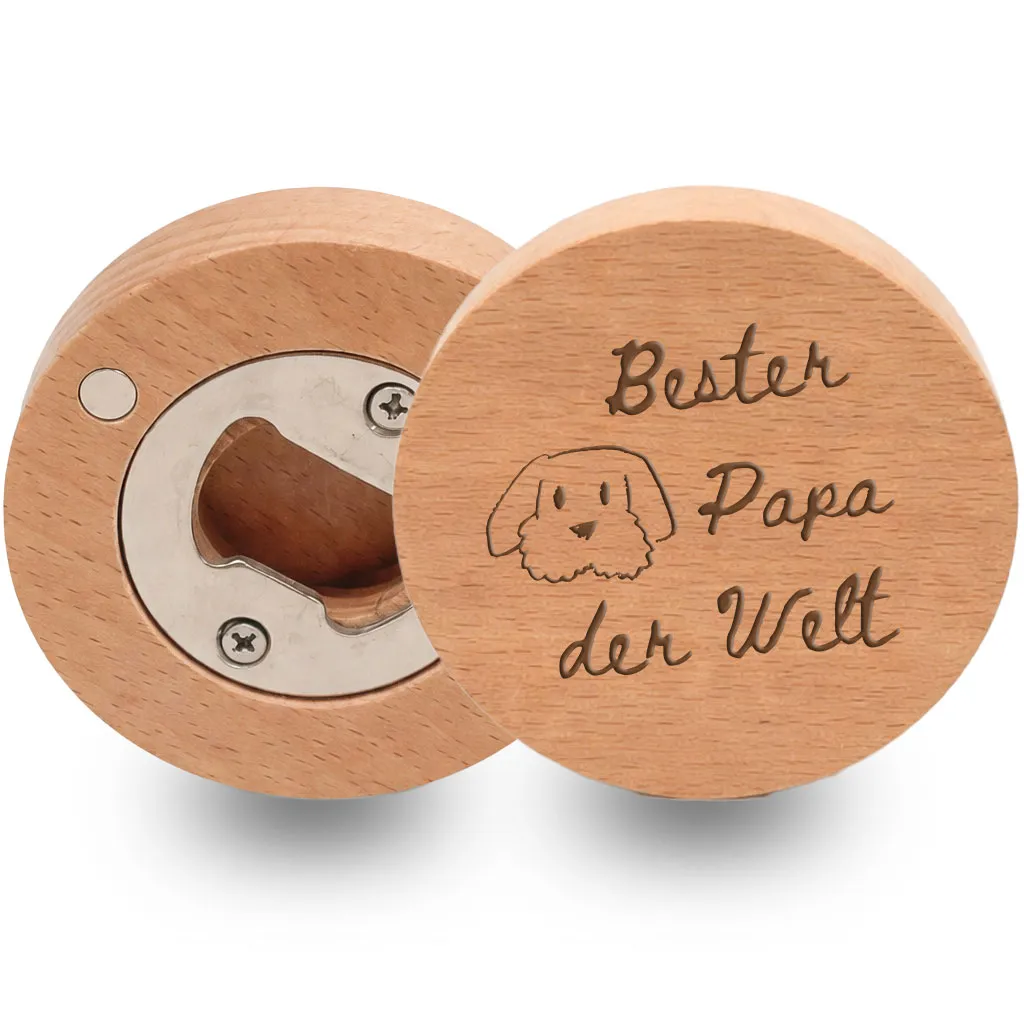 Flaschenöffner aus Holz mit Magnet rund 6,4cm mit Lasergravur