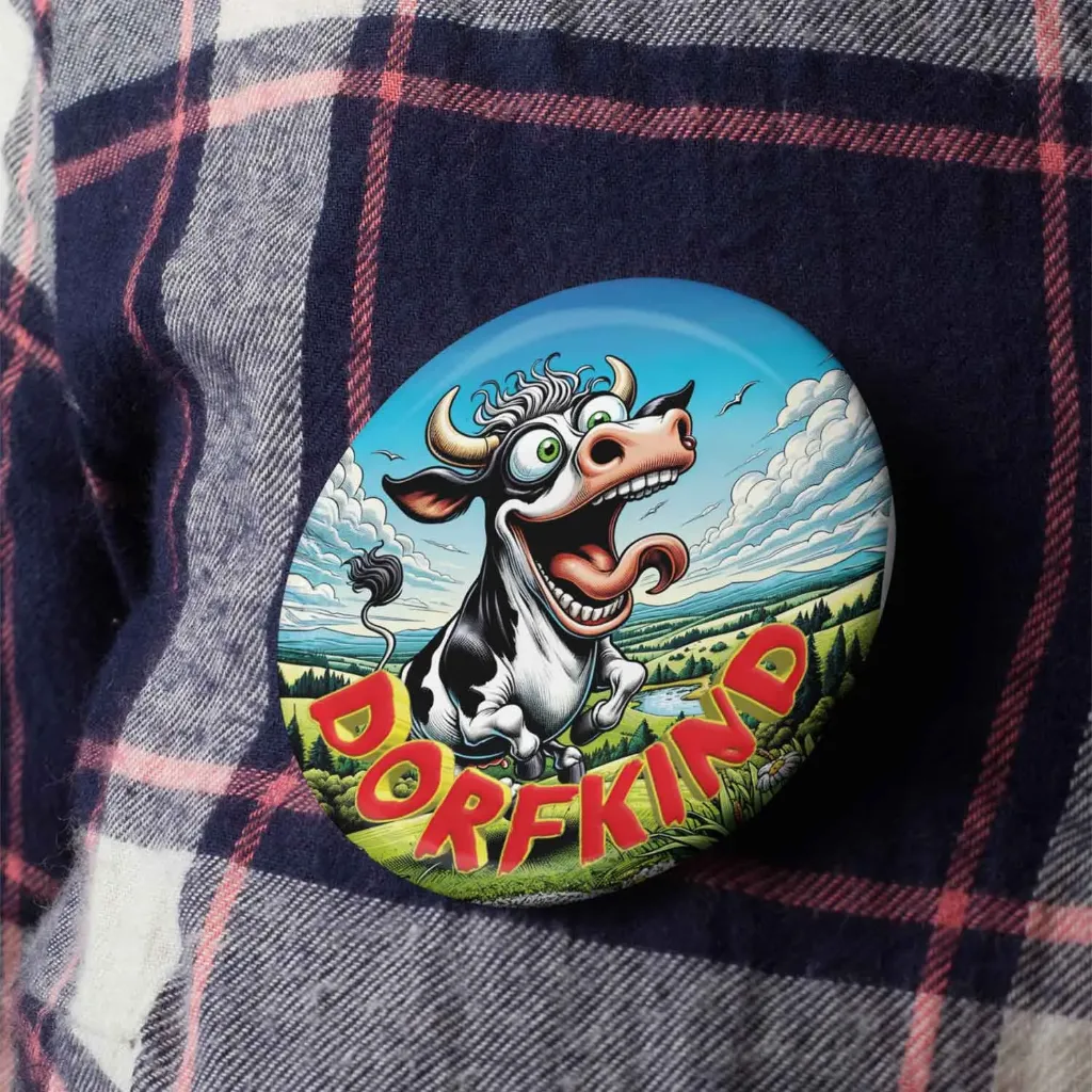 Lustiger 'Dorfkind Crazy Kuh' Button 57 mm – Dein Landleben-Accessoire