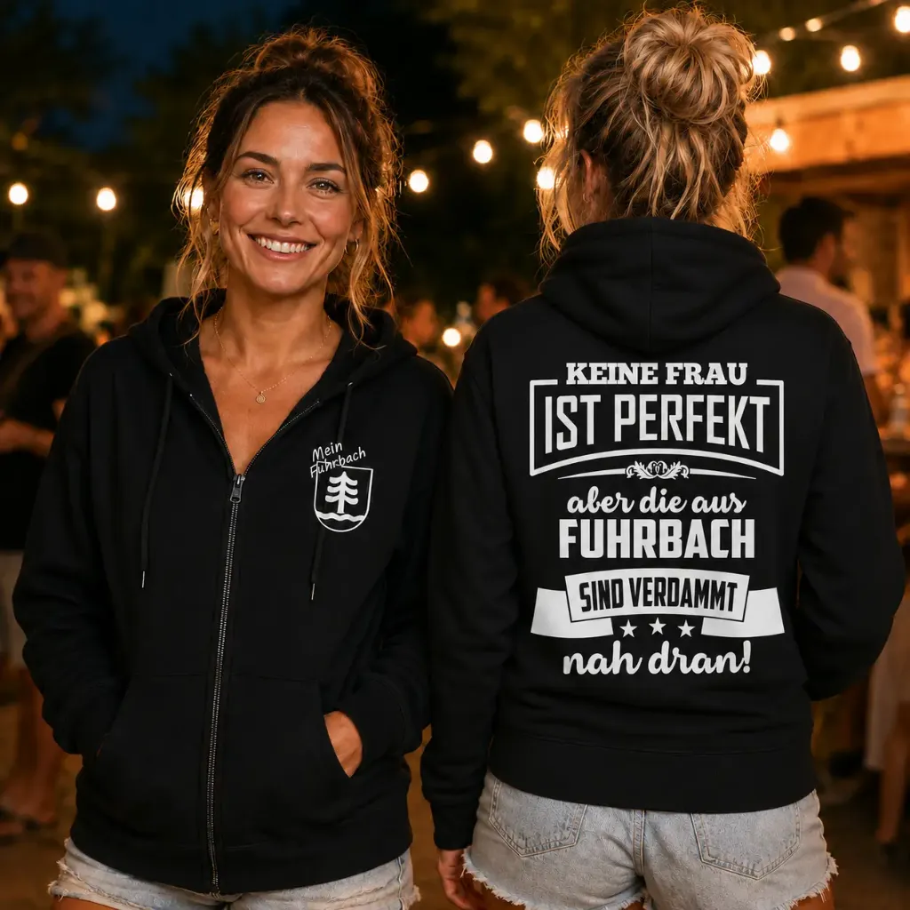 Zip-Hoodie „Fuhrbacher Frauen“ – schwarz mit Front- und Rückendruck